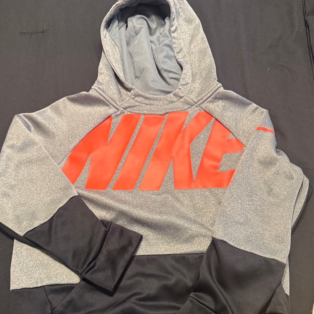 Nike Men's Gray and Black Hoodie with Red Logo